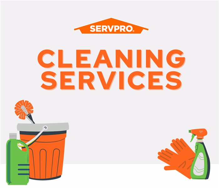 icons of SERVPRO cleaning products, mop, and bucket, text reads cleaning services, SERVPRO logo