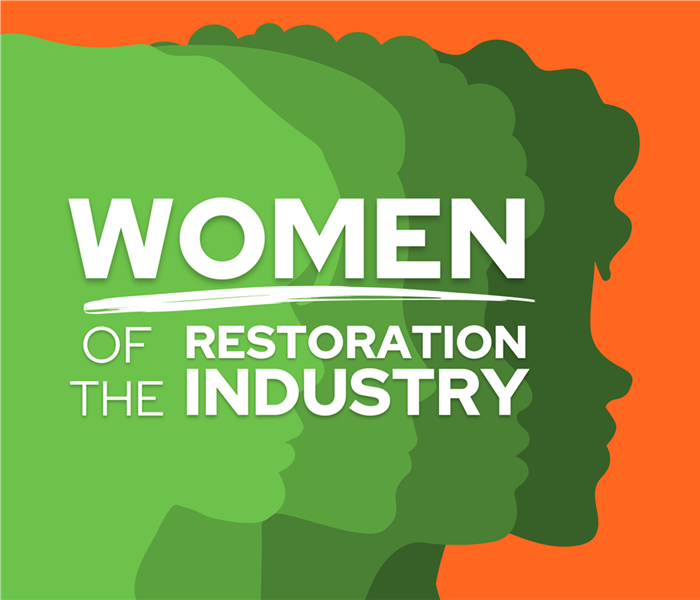 orange background, different shades of green portraits of women, title says women in the restoration business
